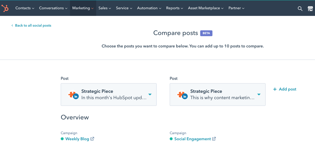 compare social posts HubSpot